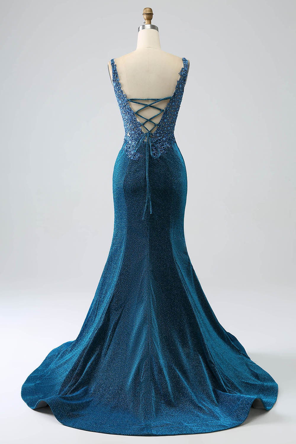 Sequin deep blue beaded fish tail prom dress