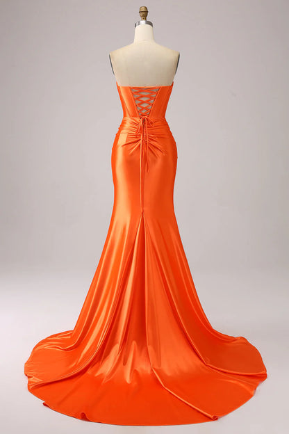 Orange Mermaid Sweetheart Tight Bra Long Sparkling Split Prom Dress