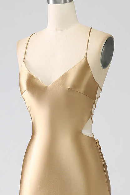 Sleek Satin Spaghetti Strap Mermaid Prom Dresses with Crisscross Back and Side Cutout