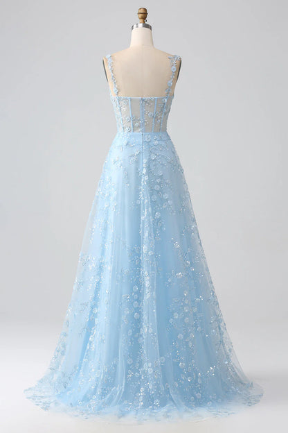 Bright blue A-line thin shoulder strap sequin tight fitting corset with slit prom dress