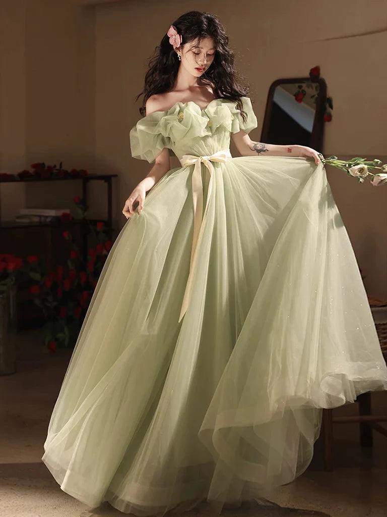 Whimsical A-Line Off-the-Shoulder Puff-Sleeve Floor-Length Prom Dresses