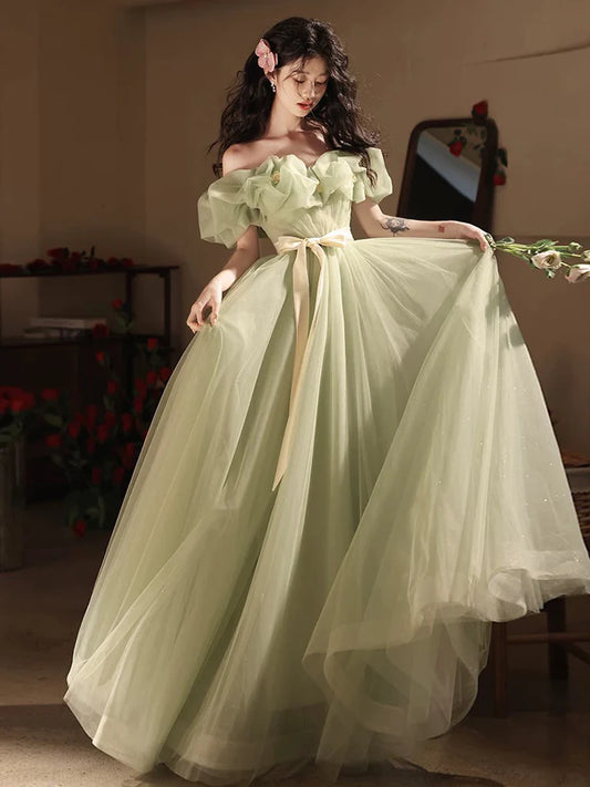 Whimsical A-Line Off-the-Shoulder Puff-Sleeve Floor-Length Prom Dresses