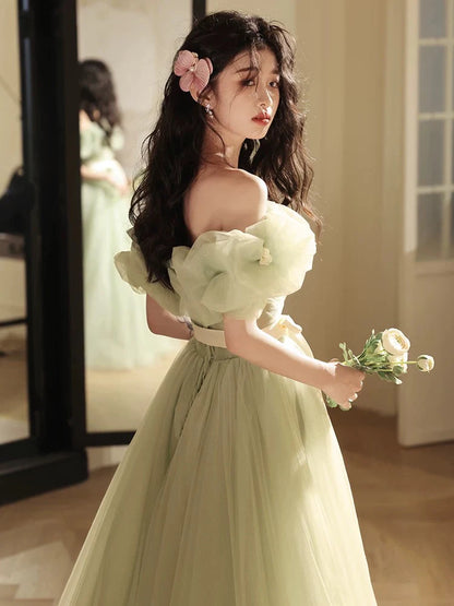 Whimsical A-Line Off-the-Shoulder Puff-Sleeve Floor-Length Prom Dresses