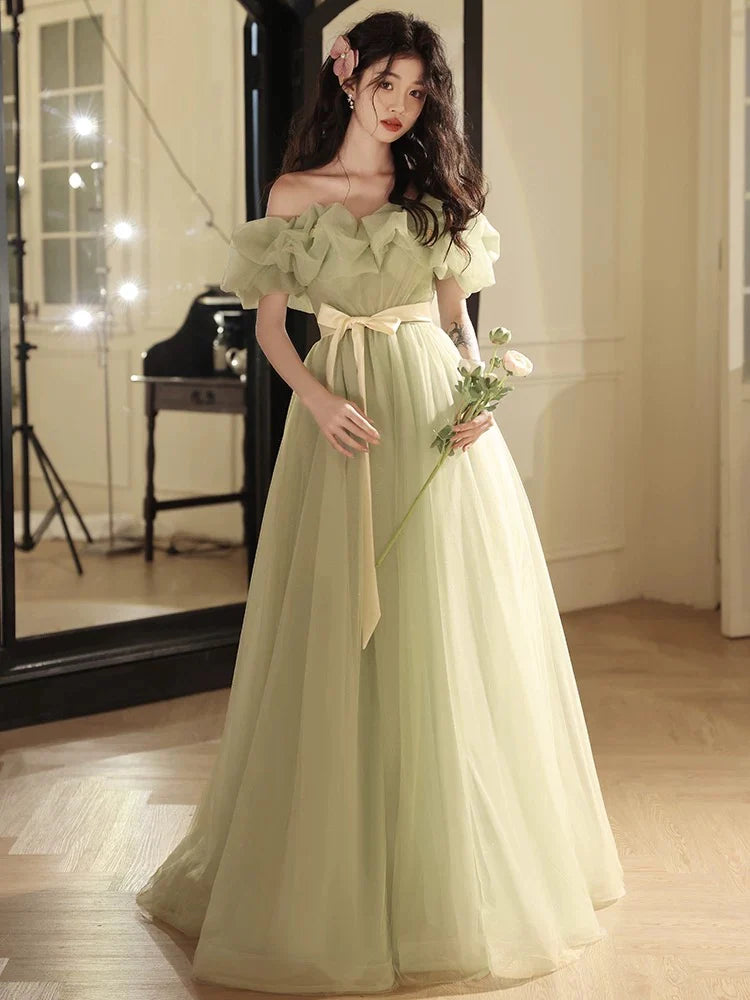 Whimsical A-Line Off-the-Shoulder Puff-Sleeve Floor-Length Prom Dresses