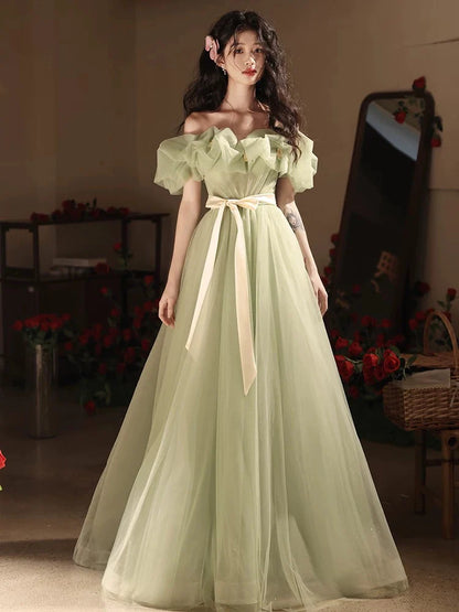 Whimsical A-Line Off-the-Shoulder Puff-Sleeve Floor-Length Prom Dresses