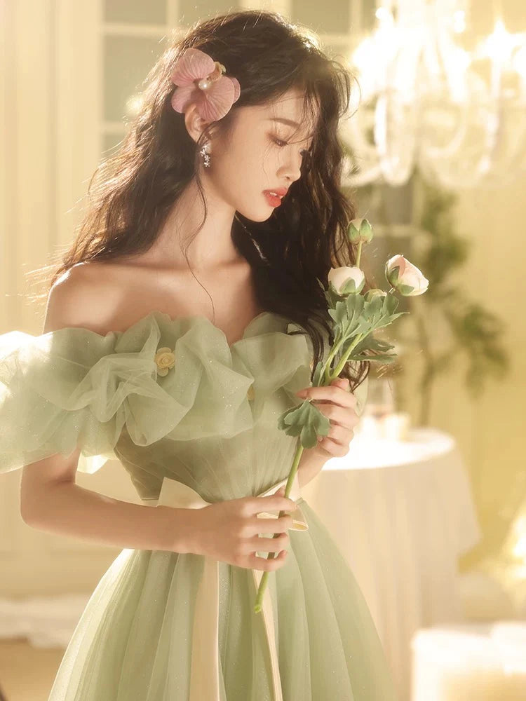 Whimsical A-Line Off-the-Shoulder Puff-Sleeve Floor-Length Prom Dresses