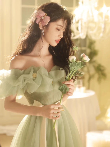Whimsical A-Line Off-the-Shoulder Puff-Sleeve Floor-Length Prom Dresses