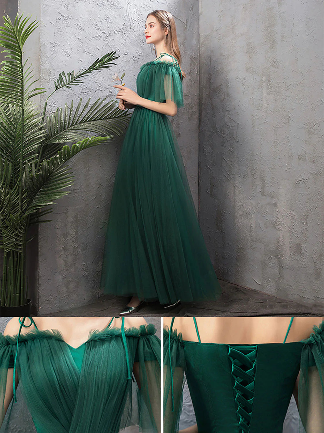 Whimsical A-Line Off-the-Shoulder Tulle Corset Back Floor-Length Prom Dress