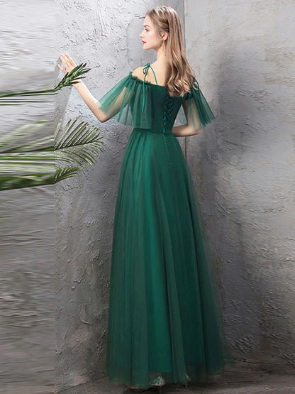 Whimsical A-Line Off-the-Shoulder Tulle Corset Back Floor-Length Prom Dress