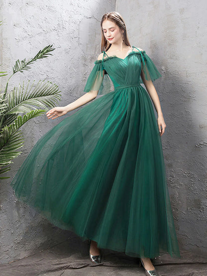 Whimsical A-Line Off-the-Shoulder Tulle Corset Back Floor-Length Prom Dress