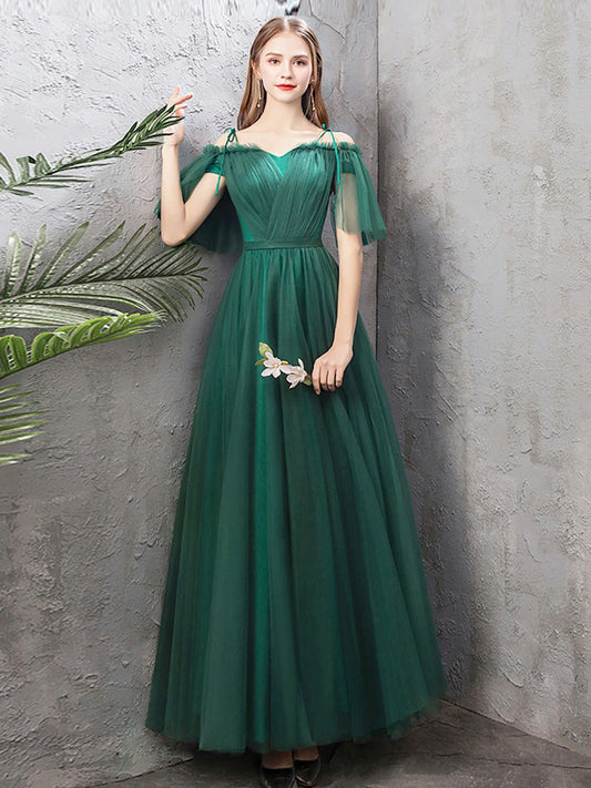Whimsical A-Line Off-the-Shoulder Tulle Corset Back Floor-Length Prom Dress