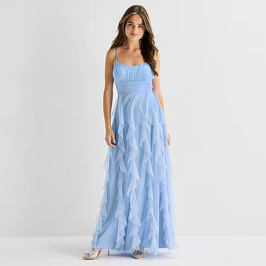 Whimsical A Line Scoop Neck Spaghetti Straps Lace Up Back Ruffled Tulle Floor Length Evening Dress