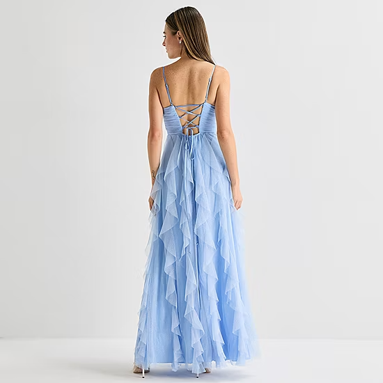 Dreamy Glitter Tulle A-Line Scoop Neck Spaghetti Straps Ruffled Floor Length Evening Dress