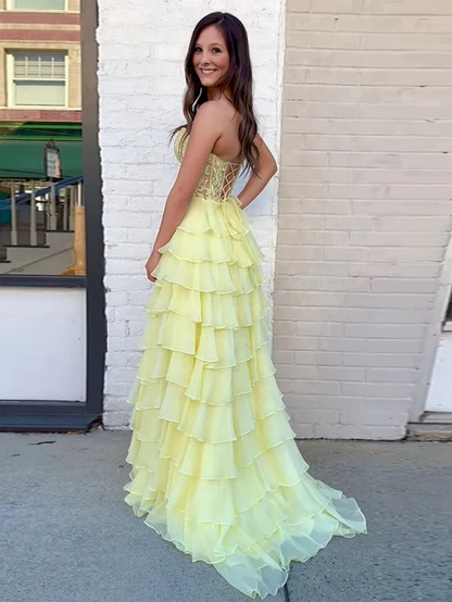Whimsical Chiffon Ball Gown Sweetheart Strapless Tiered Lace-Up Floor-Length Prom Dress