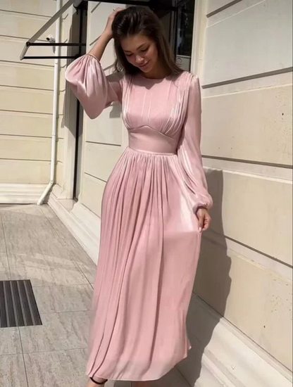Whimsical Chiffon A-Line Round-Neck Long-Sleeve Lace-Up Midi Prom Dress