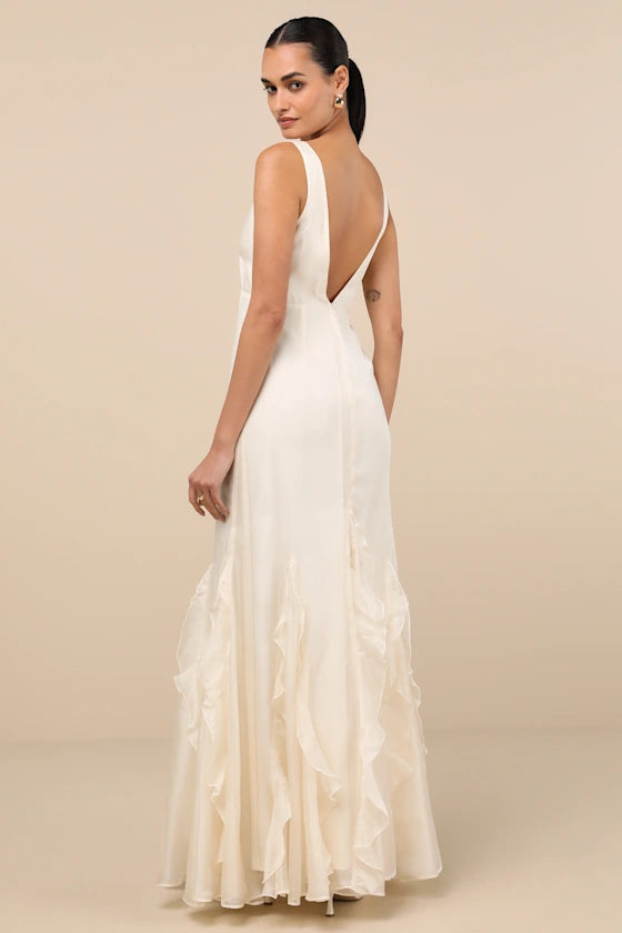 Whimsical Chiffon Evening Dresses with V-Neckline, Deep V-Back Detail, Dramatic Ruffle Mermaid Skirt and Flowing Silhouette Formal Gown