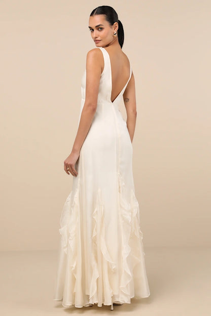 Whimsical Chiffon Evening Dresses with V-Neckline, Deep V-Back Detail, Dramatic Ruffle Mermaid Skirt and Flowing Silhouette Formal Gown
