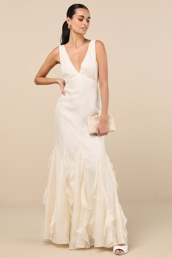 Whimsical Chiffon Evening Dresses with V-Neckline, Deep V-Back Detail, Dramatic Ruffle Mermaid Skirt and Flowing Silhouette Formal Gown