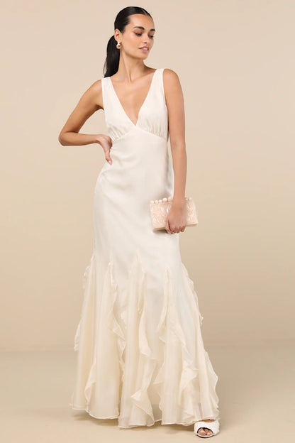 Whimsical Chiffon Evening Dresses with V-Neckline, Deep V-Back Detail, Dramatic Ruffle Mermaid Skirt and Flowing Silhouette Formal Gown