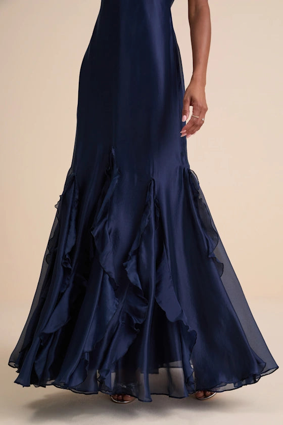 Whimsical Chiffon Evening Dresses with V-Neckline, Deep V-Back Detail, Dramatic Ruffle Mermaid Skirt and Flowing Silhouette Formal Gown