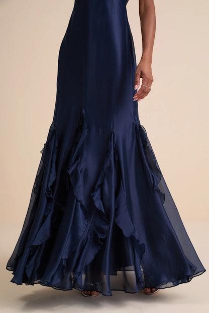 Whimsical Chiffon Evening Dresses with V-Neckline, Deep V-Back Detail, Dramatic Ruffle Mermaid Skirt and Flowing Silhouette Formal Gown