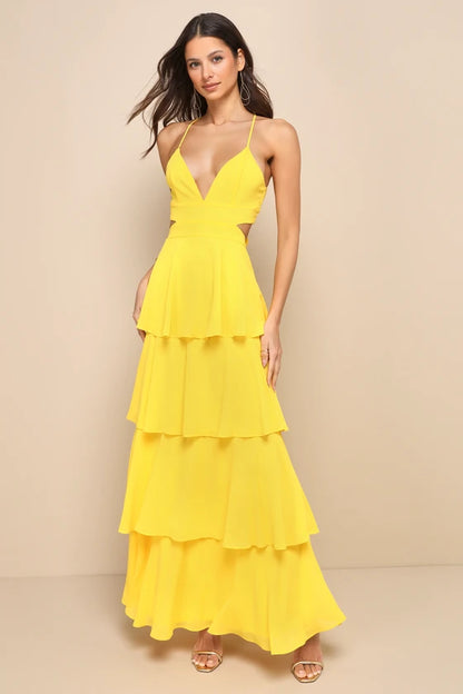 Whimsical Chiffon Tiered Evening Dresses with Spaghetti Straps, Cutout Back and Tie Detail Formal Gown