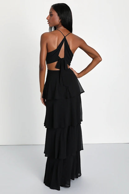 Whimsical Chiffon Tiered Evening Dresses with Spaghetti Straps, Cutout Back and Tie Detail Formal Gown