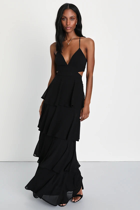 Whimsical Chiffon Tiered Evening Dresses with Spaghetti Straps, Cutout Back and Tie Detail Formal Gown