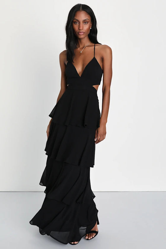 Whimsical Chiffon Tiered Evening Dresses with Spaghetti Straps, Cutout Back and Tie Detail Formal Gown