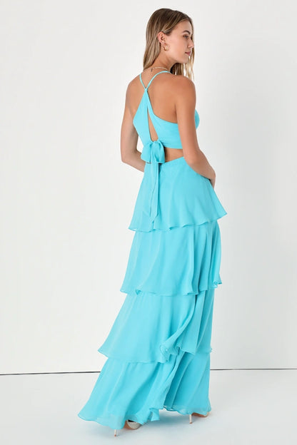 Whimsical Chiffon Tiered Evening Dresses with Spaghetti Straps, Cutout Back and Tie Detail Formal Gown