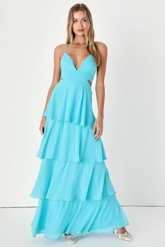 Whimsical Chiffon Tiered Evening Dresses with Spaghetti Straps, Cutout Back and Tie Detail Formal Gown