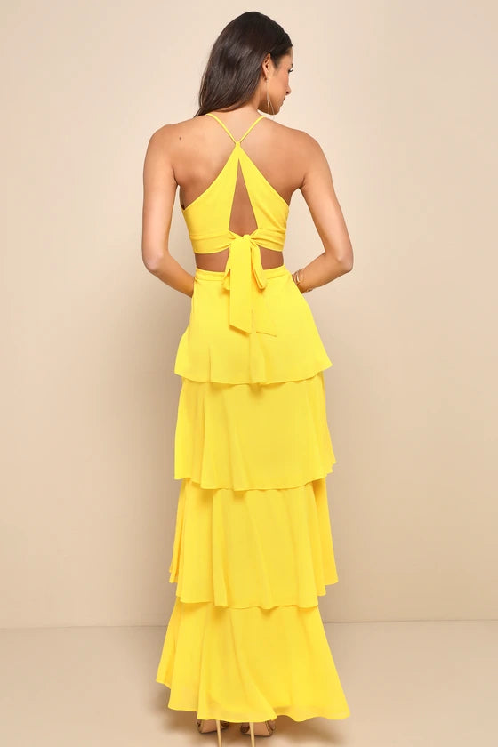 Whimsical Chiffon Tiered Evening Dresses with Spaghetti Straps, Cutout Back and Tie Detail Formal Gown