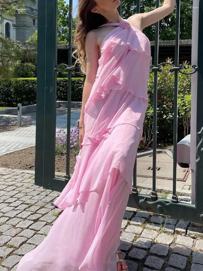 Elegant Chiffon A-Line Halter-Neck Tiered Rose-Detail Floor-Length Prom Dress
