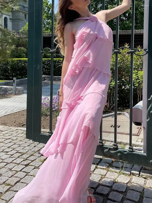 Whimsical Chiffon Tiered Halter-Neck Rose-Detail Floor Length Prom Dress