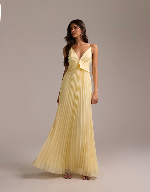 Whimsical Fitted V-Neck Spaghetti Strap Bow Back Pleated Floor Length Bridesmaid Dress