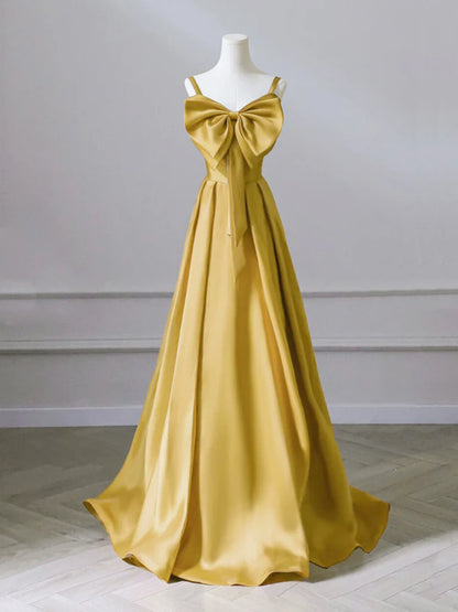 Whimsical Spaghetti-Strap Corset-Back Bow-Front Floor-Length Satin Prom Dress