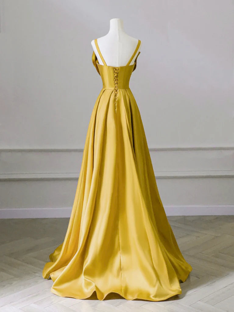 Whimsical Spaghetti-Strap Corset-Back Bow-Front Floor-Length Satin Prom Dress