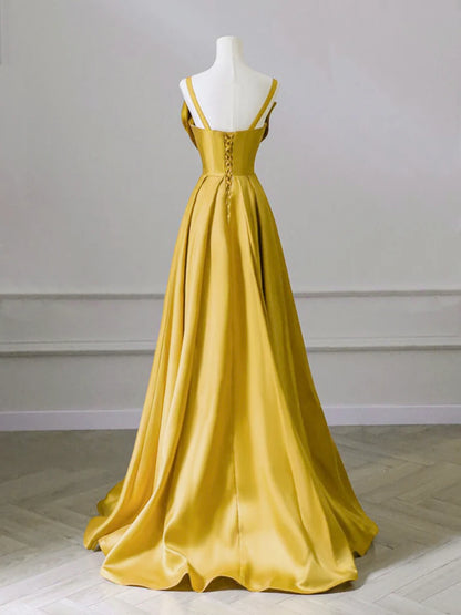 Whimsical Spaghetti-Strap Corset-Back Bow-Front Floor-Length Satin Prom Dress