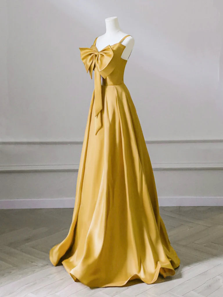 Whimsical Spaghetti-Strap Corset-Back Bow-Front Floor-Length Satin Prom Dress