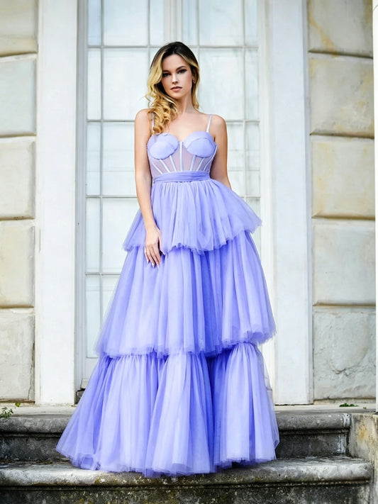 Whimsical Tiered A-Line Sweetheart Corset Spaghetti-Strap Floor-Length Evening Dress