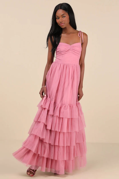 Whimsical Tiered Tulle Evening Dresses with Sweetheart Neck, Tie Spaghetti Straps and Maxi Formal Gown
