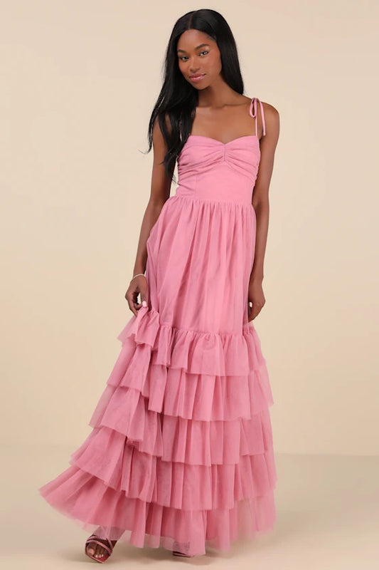 Whimsical Tiered Tulle Evening Dresses with Sweetheart Neck, Tie Spaghetti Straps and Maxi Formal Gown