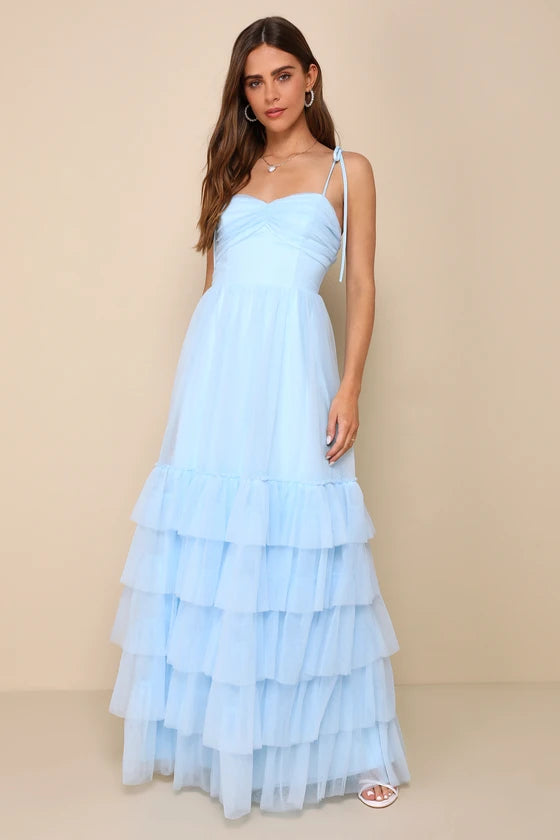 Whimsical Tiered Tulle Evening Dresses with Sweetheart Neck, Tie Spaghetti Straps and Maxi Formal Gown