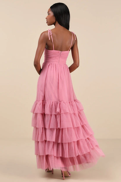 Whimsical Tiered Tulle Evening Dresses with Sweetheart Neck, Tie Spaghetti Straps and Maxi Formal Gown