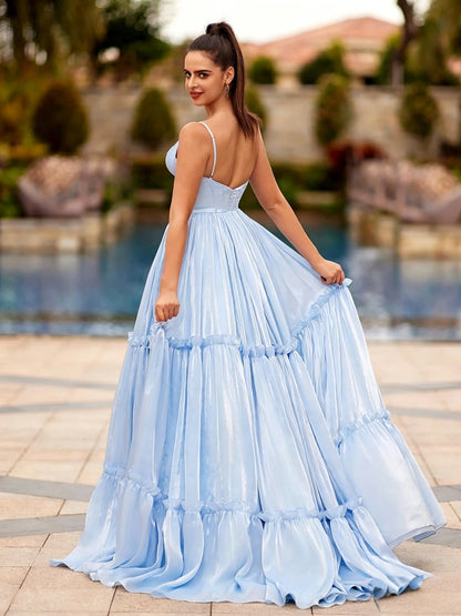 Whimsical Iridescent Chiffon Tiered V-Neck Spaghetti Strap Open-Back Floor Length Evening Dress