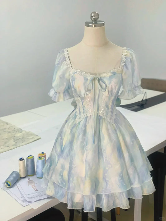 Whimsical Chiffon A-Line Square Neck Puffy Short Sleeve Bow Back Short Homecoming Dresses
