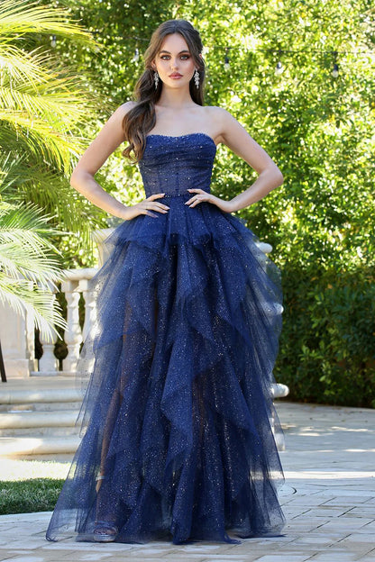 Whimsical strapless glitter tulle evening dress with corset bodice, layered ruffle skirt and lace-up back