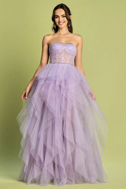 Whimsical strapless glitter tulle evening dress with corset bodice, layered ruffle skirt and lace-up back