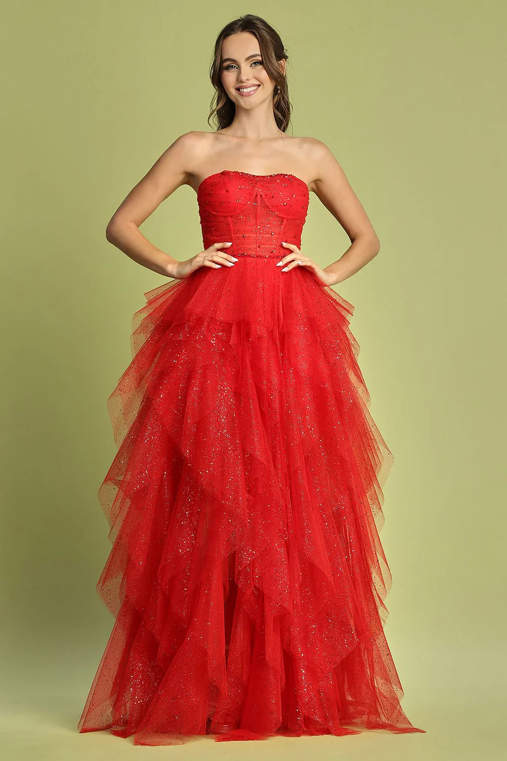 Whimsical strapless glitter tulle evening dress with corset bodice, layered ruffle skirt and lace-up back
