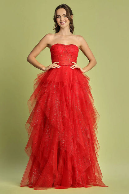 Whimsical strapless glitter tulle evening dress with corset bodice, layered ruffle skirt and lace-up back